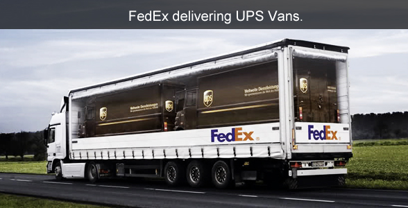 FedEx delivering UPS trucks